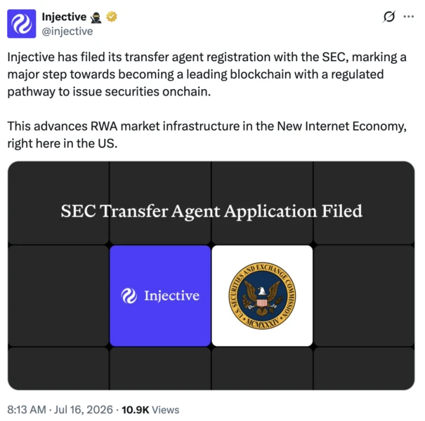 Injective Files SEC Transfer Agent Registration to On-Chain Securities Ownership Records