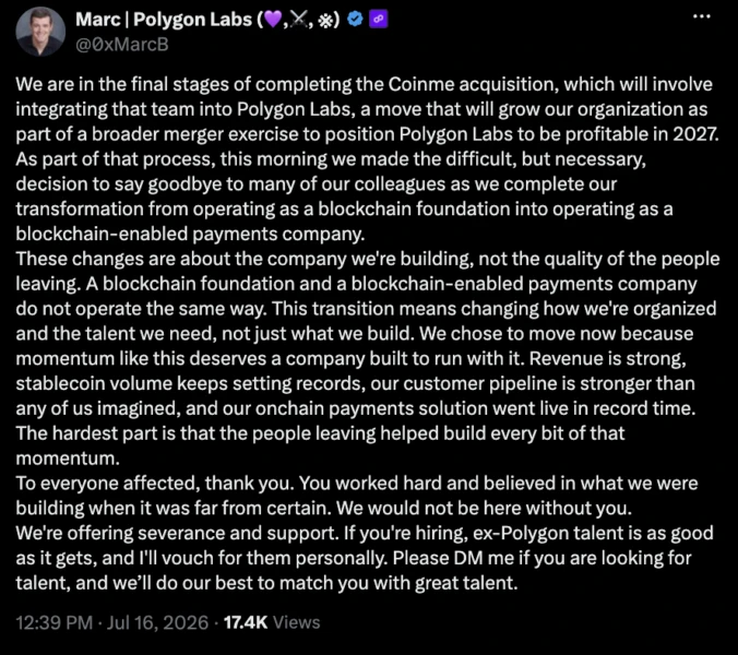 Polygon Labs CEO Announces Additional Layoffs as Company Completes $250M Acquisition of Coinme, Transitions to Blockchain-Powered Payments