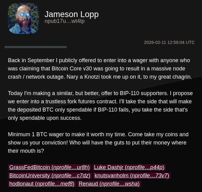 Jameson Lopp向BIP-110支持派下的赌注邀约