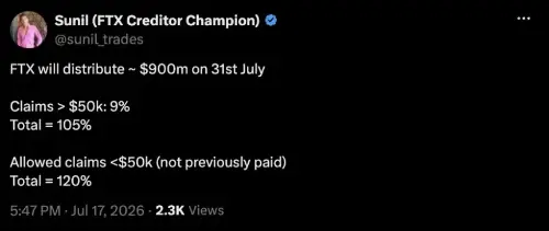 FTX第五轮偿还债权人9亿美元 7月31日起发放