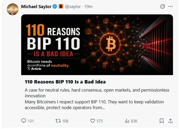 Michael Saylor Warns BIP 110 Threatens Bitcoin's Neutrality, Urges Caution on Consensus Changes