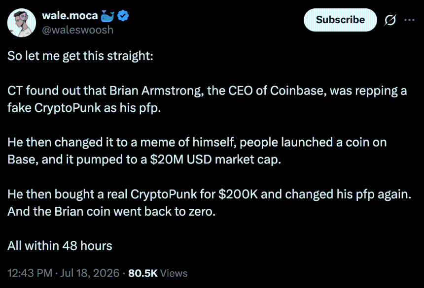 Brian Armstrong was repping a fake CryptoPunk as his pfp.