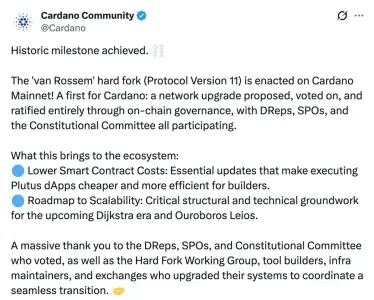 Cardano完成历史性社区治理硬分叉,ADA价格未受提振而比特币上涨