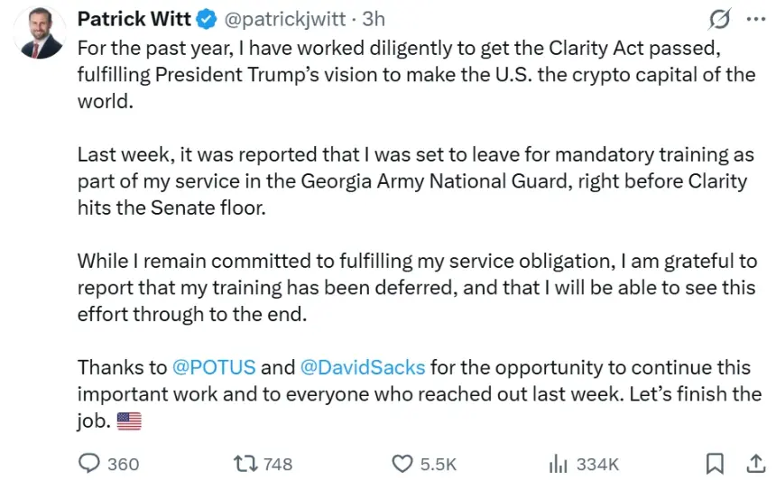 White House Crypto Adviser Patrick Witt Defers Military Training Again to Push CLARITY Act Through Senate Before August Recess