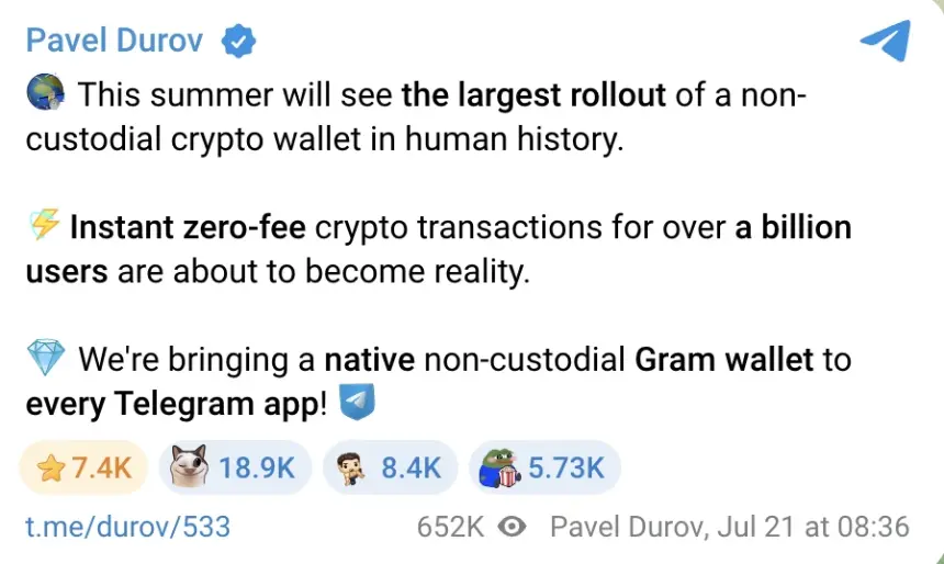 Telegram to Launch Native Non-Custodial Gram Wallet for 1 Billion Users This Summer