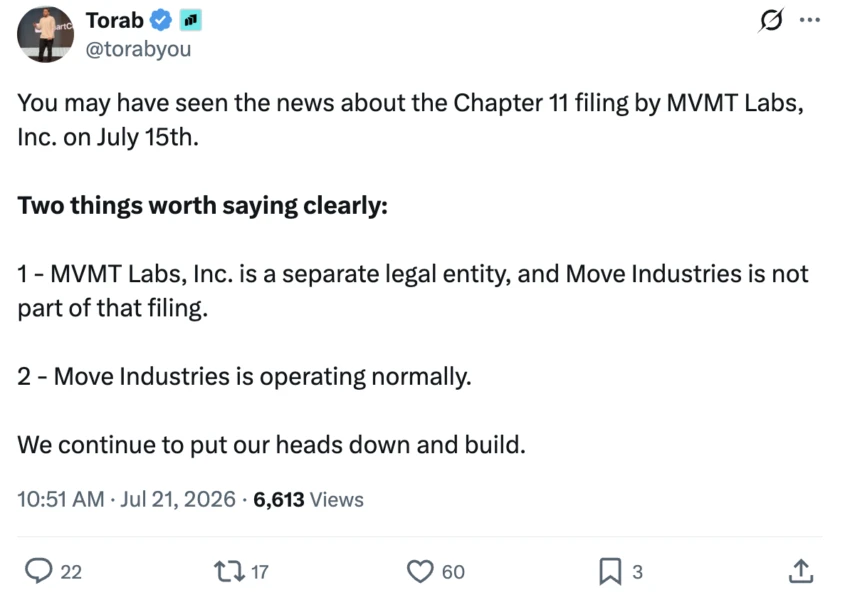 Movement Labs Files for Chapter 11 Bankruptcy Following MOVE Token Scandal and 94% Price Crash