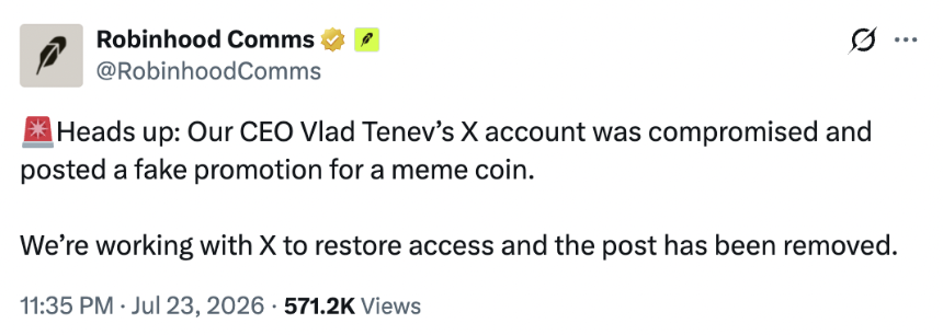 Vlad Tenev's X account was compromised