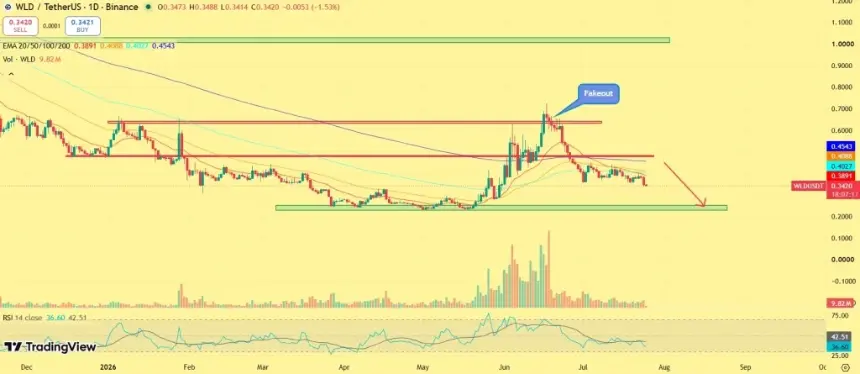 Worldcoin price chart showing bearish breakdown