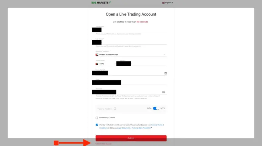 BDSwiss新注册页面截图，显示无法创建账户