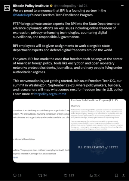 Bitcoin Policy Institute joins US State Department's digital freedom initiative