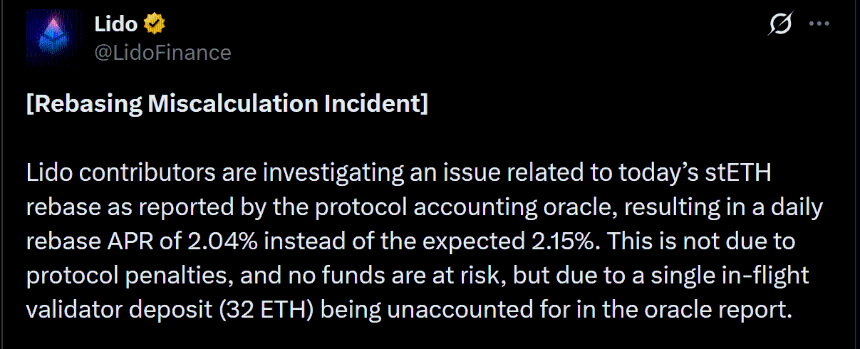 Lido’s stETH Rebase misses target after a 32 ETH accounting delay – Will it recover?