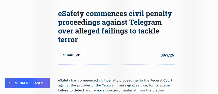 Australia targets Telegram one day after Russia charges Durov