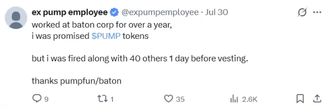 X post alleging Pump.fun fired 40 employees one day before PUMP token vesting.
