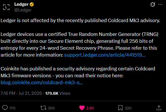 Ledger Trezor Coldcard