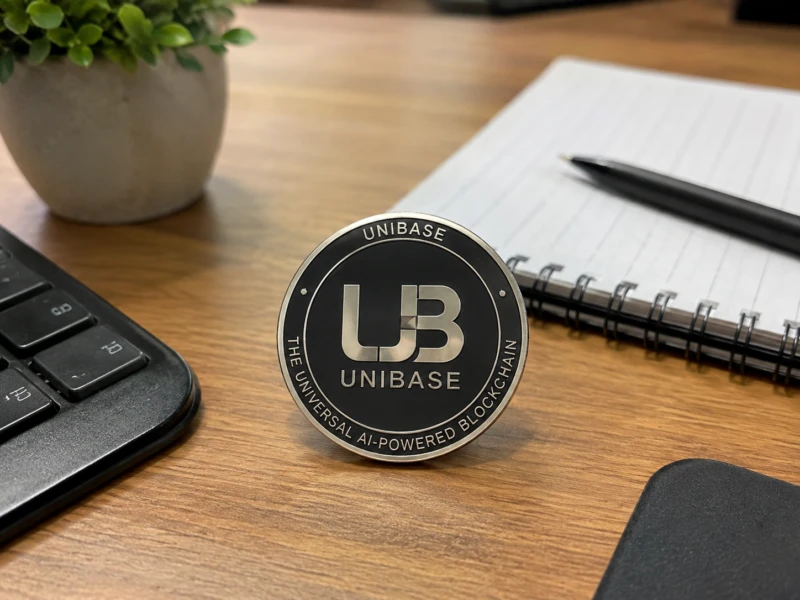 A Unibase token marked as an AI-powered blockchain stands on a wooden desk beside a keyboard and notebook.