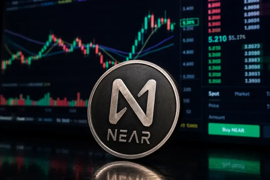 A NEAR Protocol token stands in front of a cryptocurrency trading screen displaying candlestick charts and market prices.