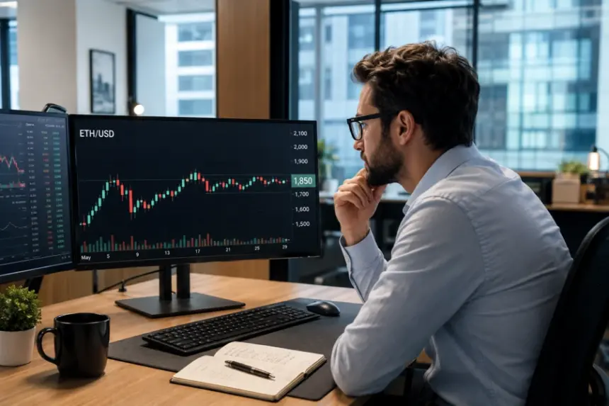 A trader studies an FX:ETHUSD chart showing Ethereum near $1,850 on a desktop monitor.