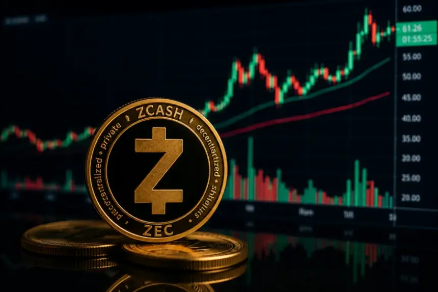 A gold Zcash token stands in front of a rising cryptocurrency price chart.