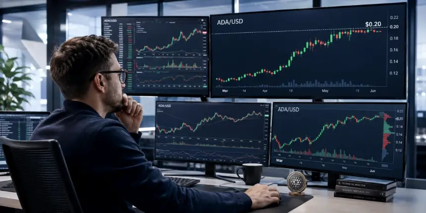 A cryptocurrency trader studies Cardano price charts as ADA approaches the $0.20 level against the US dollar.