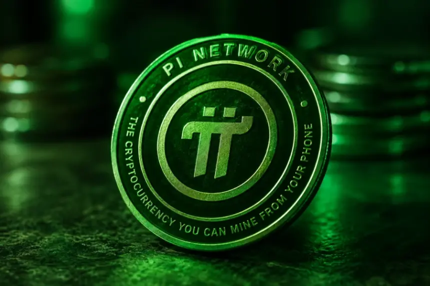 A metallic Pi Network token stands upright against a dark green cryptocurrency background.