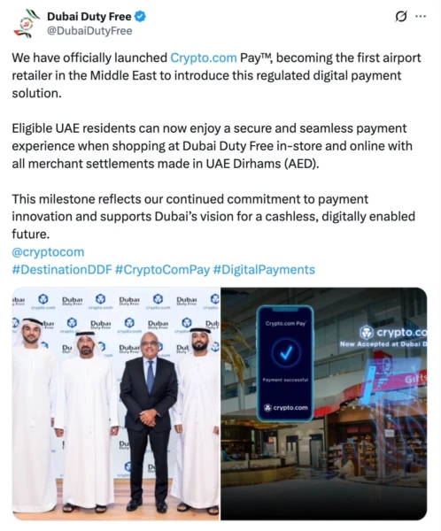 Dubai Duty Free introduces regulated crypto-to-fiat payments settled in AED, Source: Dubai Duty Free via X