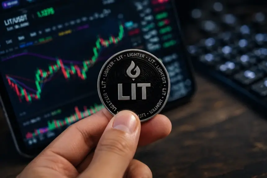 Hand holds a Lighter LIT crypto token in front of a rising cryptocurrency price chart.