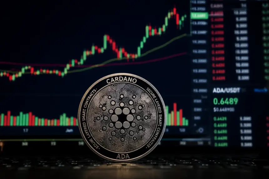 Cardano ADA coin stands in front of a trading screen showing a rising crypto price chart.