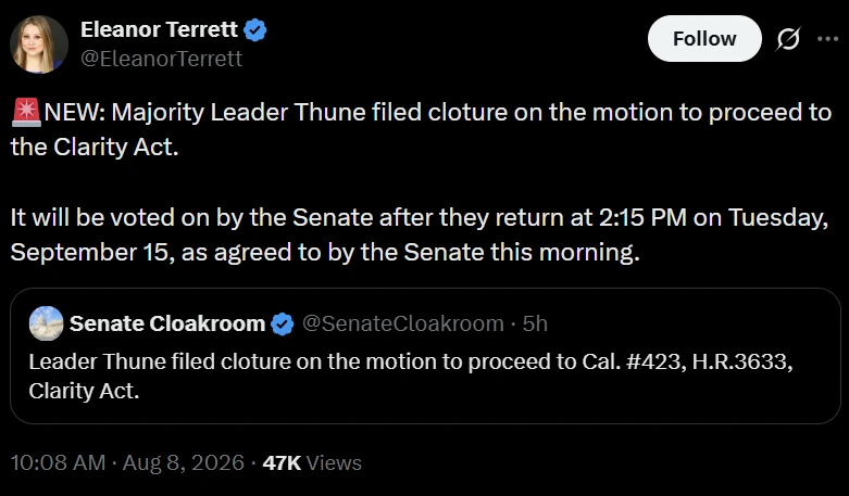US Senate Schedules Sept. 15 Cloture Vote on CLARITY Act as Thune Files Motion to Advance Crypto Market Structure Bill