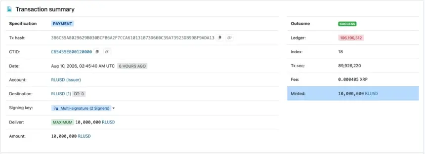 Fresh $10 million RLUSD mint on XRP Ledger (XRPL) by Ripple, Source: XRP Scan