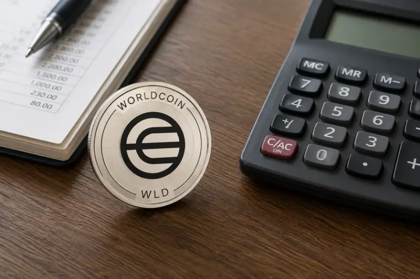 Worldcoin WLD token sits beside a calculator and financial ledger on a wooden desk.