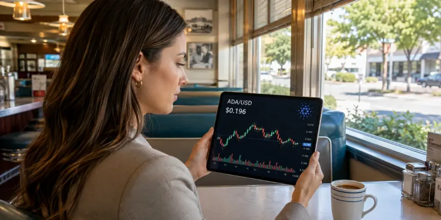 Woman checks Cardano’s ADAUSD price chart near $0.196 on a tablet in a café.