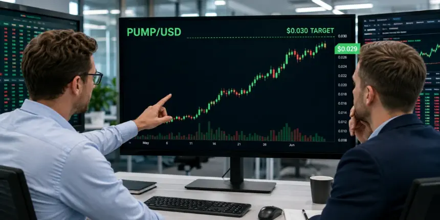Two traders analyse a PUMPUSD chart as Pump.fun approaches the $0.030 price target.
