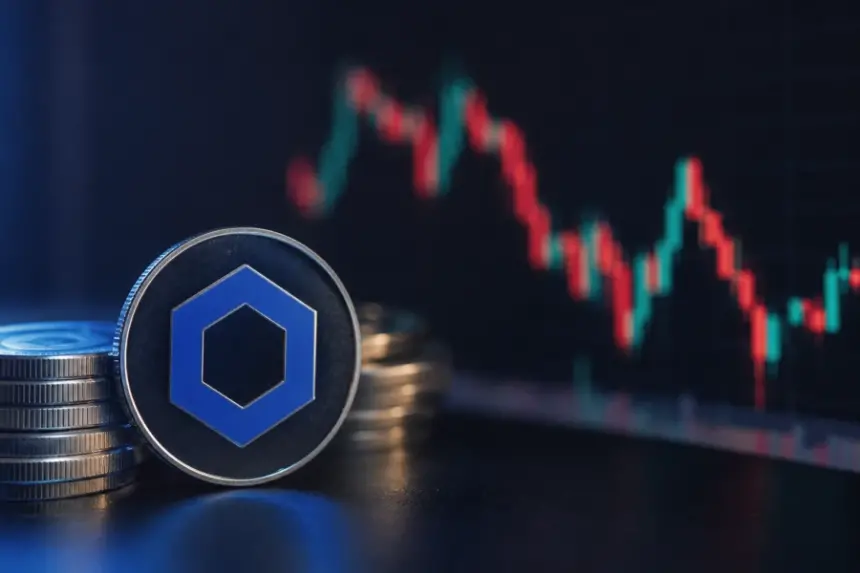 Chainlink LINK token sits beside stacked coins in front of a volatile cryptocurrency trading chart.