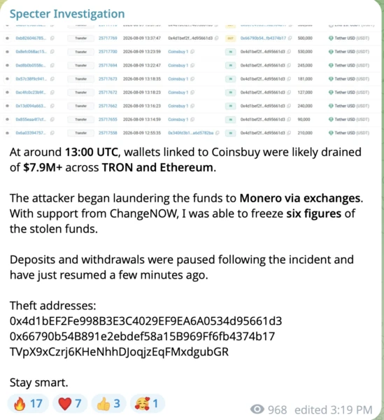 Coinsbuy Covers $7.9M Loss, Posts $100K Bounty After Sunday Wallet Breach
