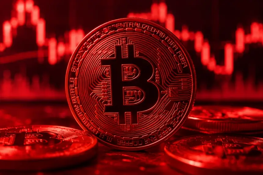 比特币硬币在暴跌的加密货币价格图表前发出红光