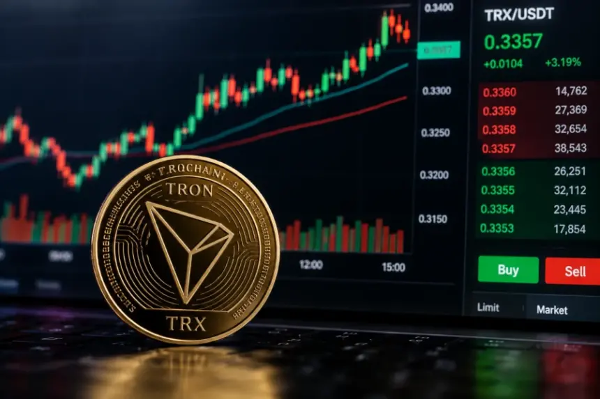 TRON TRX token sits before a rising BINANCE:TRXUSDT chart showing the price near $0.336.