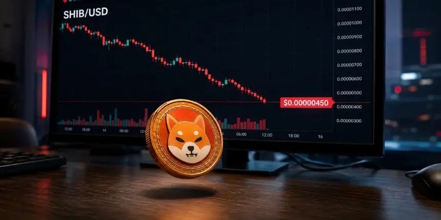 Shiba Inu coin in front of a chart showing the token near $0.00000450.