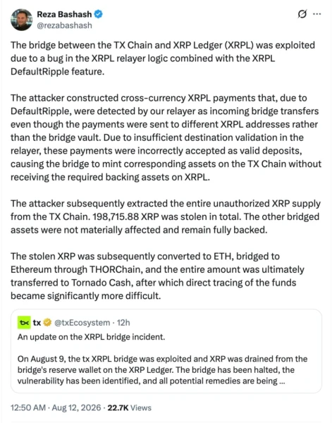 Reza Bashash, a technical lead from tx, breaks down how 200,000 XRP theft occurred, Source: Reza Bashash via X