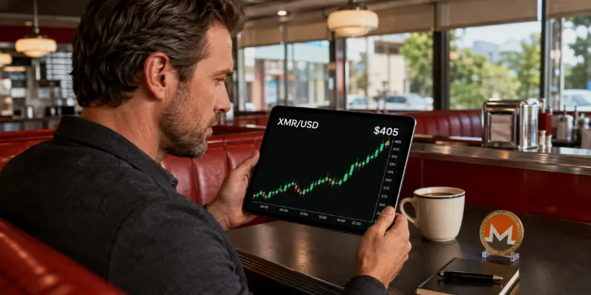 Investor watches a Monero XMR/USD chart climb toward $405 on a tablet.