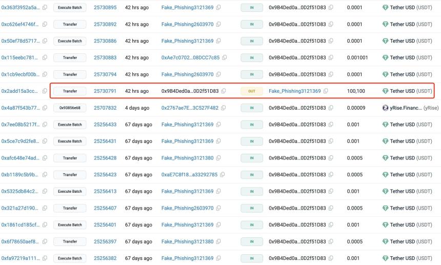 Lookonchain公布的地址投毒示例