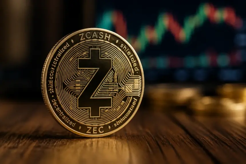 Zcash ZEC coin stands in front of a blurred cryptocurrency price chart.