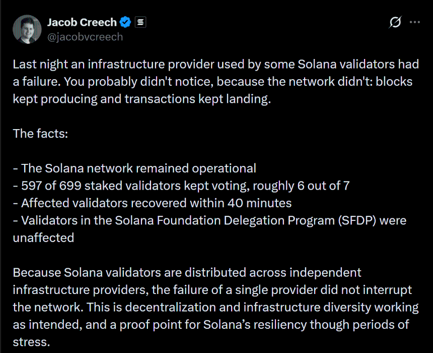 Solana outage knocks 90 validators offline: Near-miss with finality threshold raises infrastructure concerns
