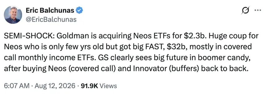 Goldman Sachs Acquires NEOS Investments for $2.25B, Adding Bitcoin and Ether High-Income ETFs