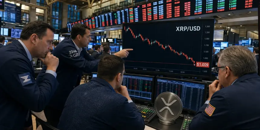 Traders watch an XRPUSD chart fall toward $1.01 on a busy trading floor.