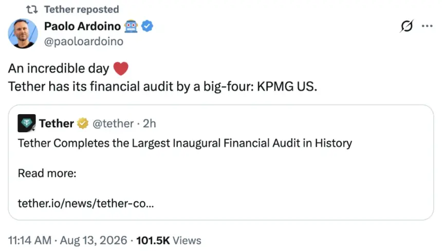 Tether reaches milestone with first full KPMG audit and $6.8B excess reserves