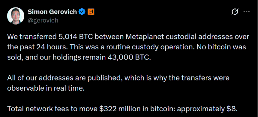 Metaplanet’s $322M BTC Transfer Stays In-House, While Dormant Whale Sends Only 114 BTC to Kraken
