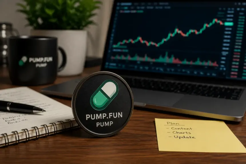 Pump.fun PUMP token displayed beside a laptop showing a rising crypto trading chart.