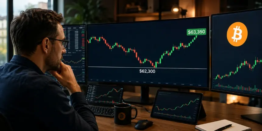 Trader monitors Bitcoin charts as BTC rebounds from $62,300 toward $63,350.