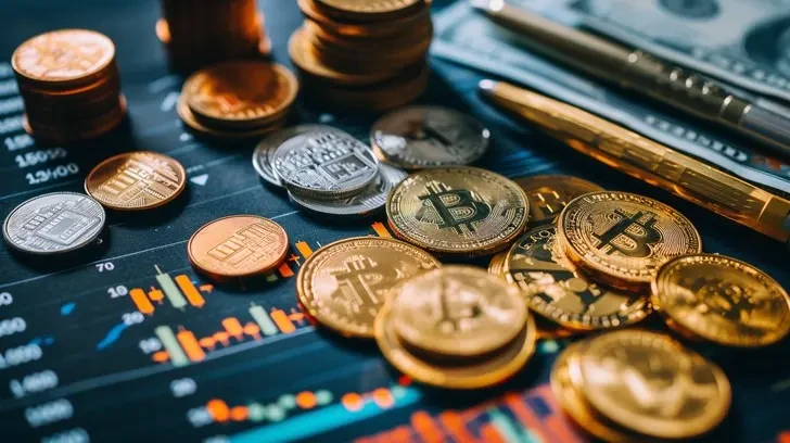 金银加密货币硬币与美元纸币放置在金融股票市场图表上