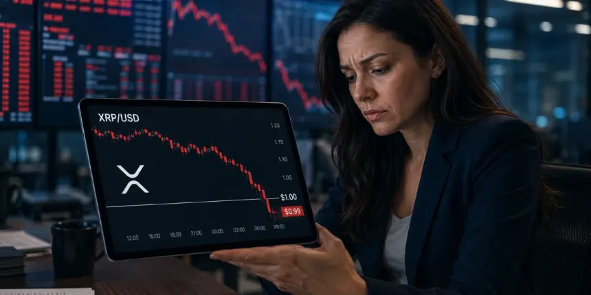 Trader studies an FX:XRPUSD chart as XRP falls below the key $1 level.